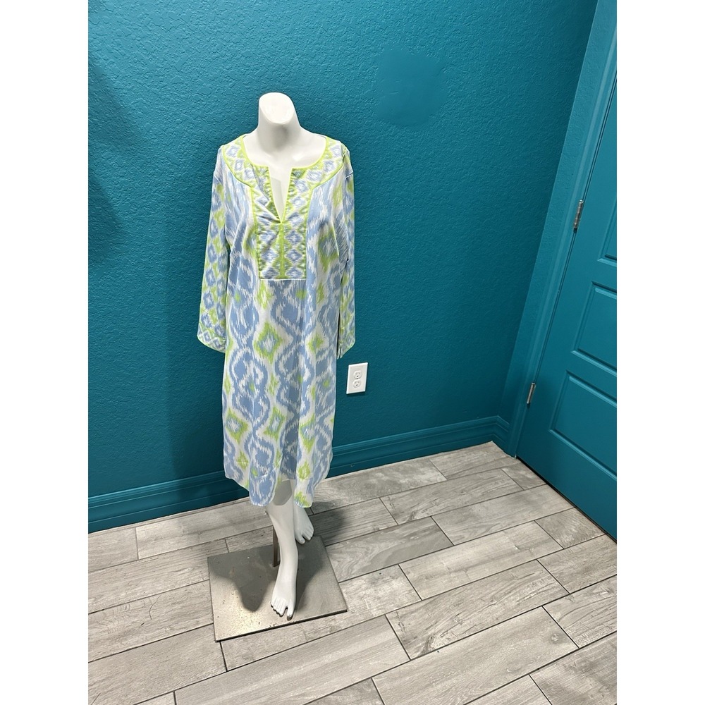 Gretchen Scott Jersey Split Neck Dress Kitt‎ Ikat Periwinkle Blue Lime Sz Medium